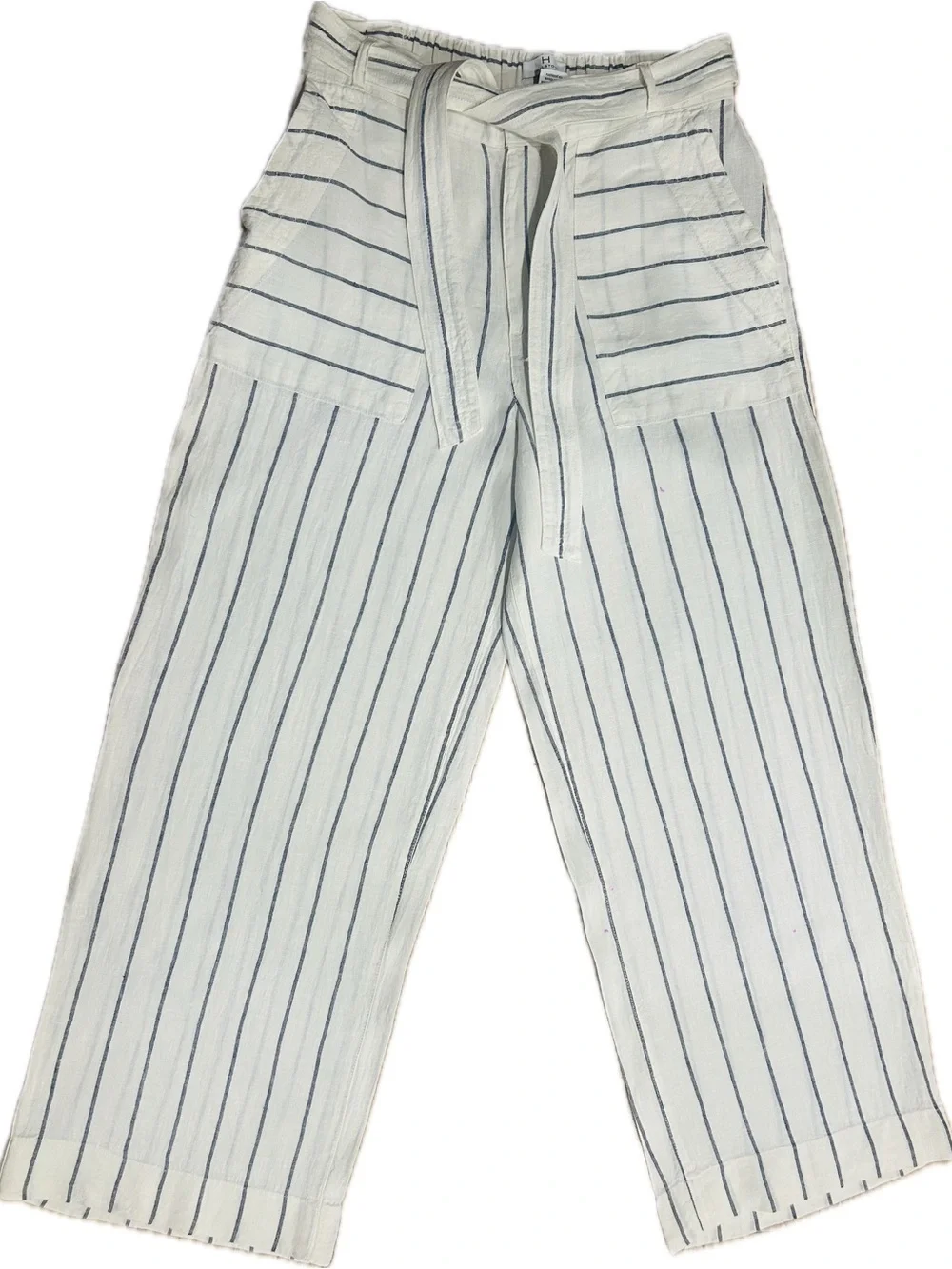 LN Halston SZ 8 Cream/Black Wide-Leg Stripe Tie-Waist Pants/Waist 28”-32” - Picture 2 of 6